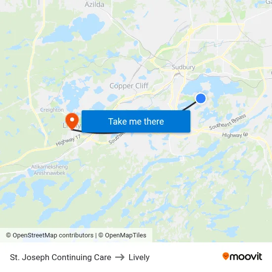 St. Joseph Continuing Care to Lively map