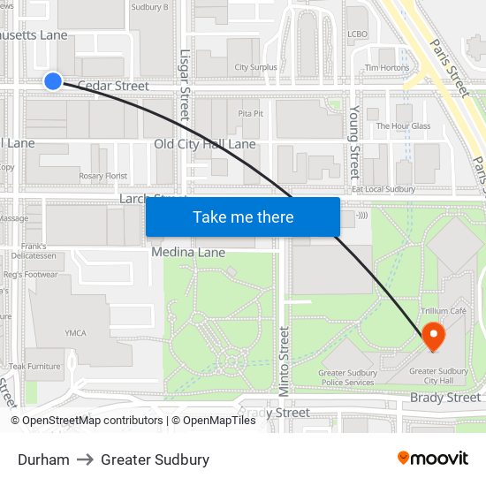 Durham to Greater Sudbury map