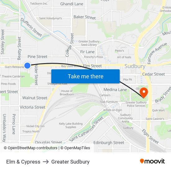 Elm & Cypress to Greater Sudbury map