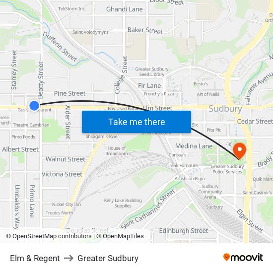 Elm & Regent to Greater Sudbury map