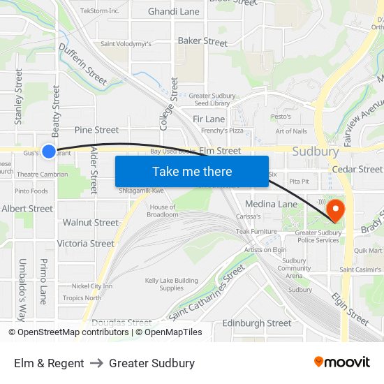 Elm & Regent to Greater Sudbury map