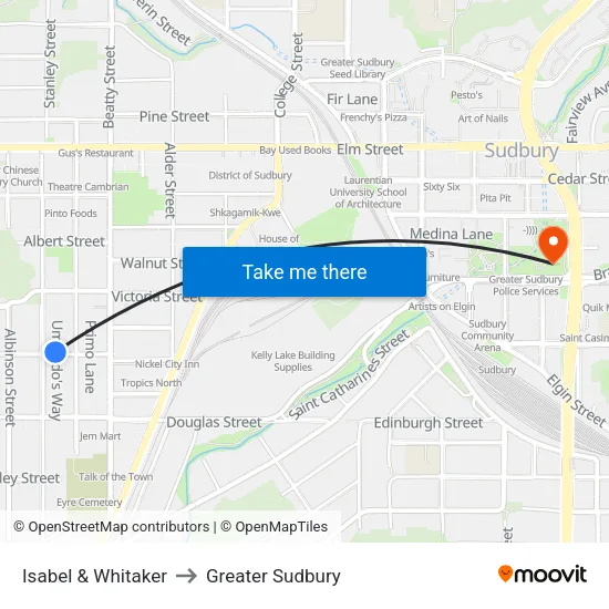 Isabel & Whitaker to Greater Sudbury map