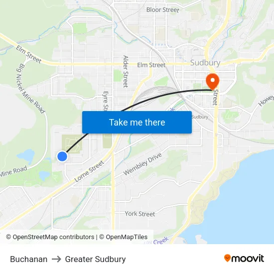 Buchanan to Greater Sudbury map