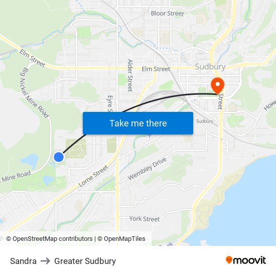 Sandra to Greater Sudbury map