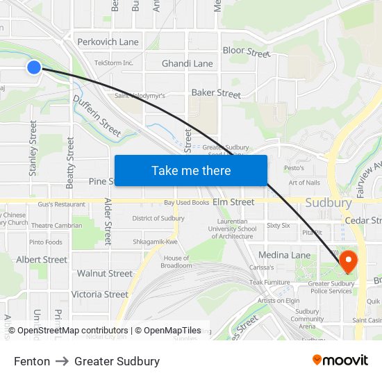 Fenton to Greater Sudbury map