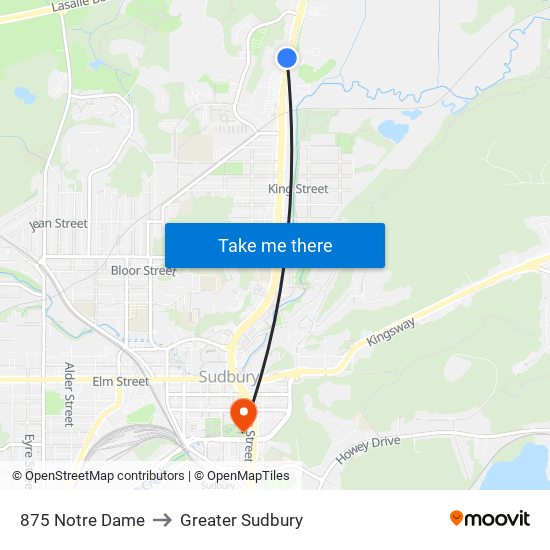 875 Notre Dame to Greater Sudbury map