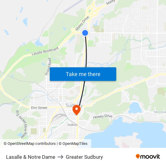 Lasalle & Notre Dame to Greater Sudbury map