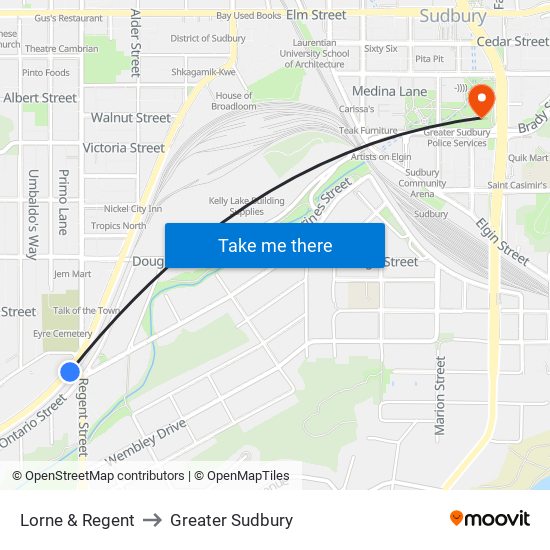 Lorne & Regent to Greater Sudbury map