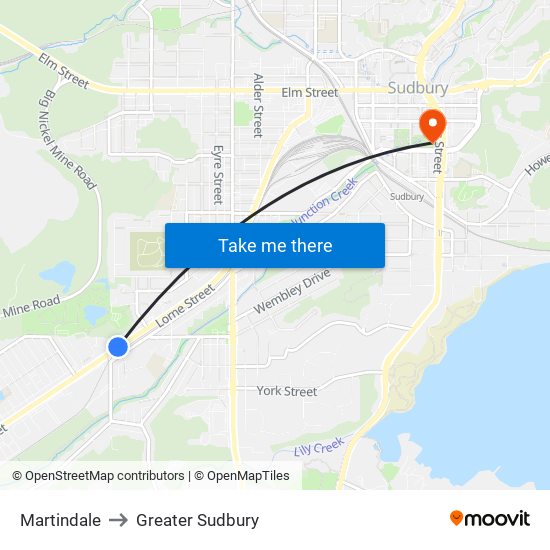 Martindale to Greater Sudbury map