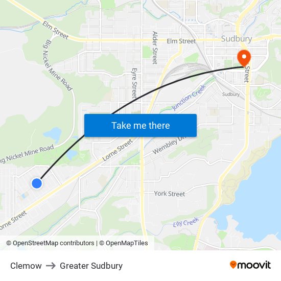 Clemow to Greater Sudbury map