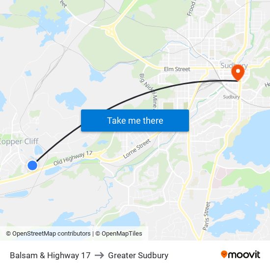 Balsam & Highway 17 to Greater Sudbury map