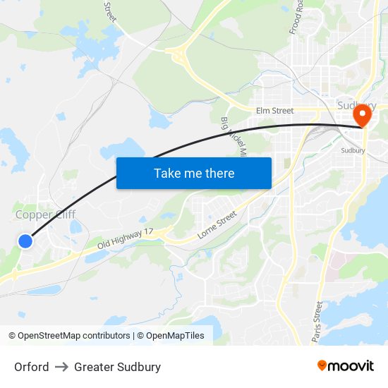 Orford to Greater Sudbury map