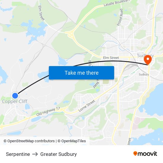 Serpentine to Greater Sudbury map