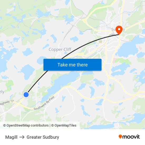 Magill to Greater Sudbury map