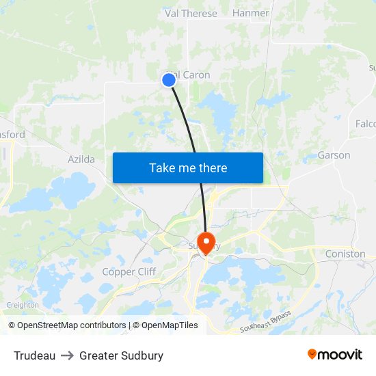 Trudeau to Greater Sudbury map