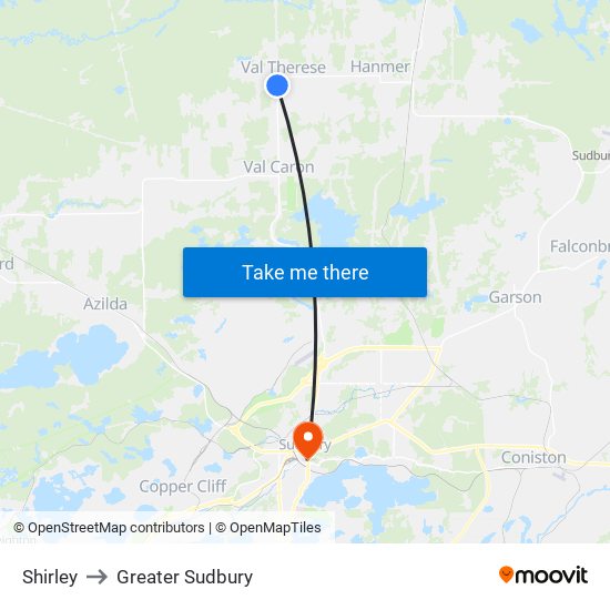 Shirley to Greater Sudbury map