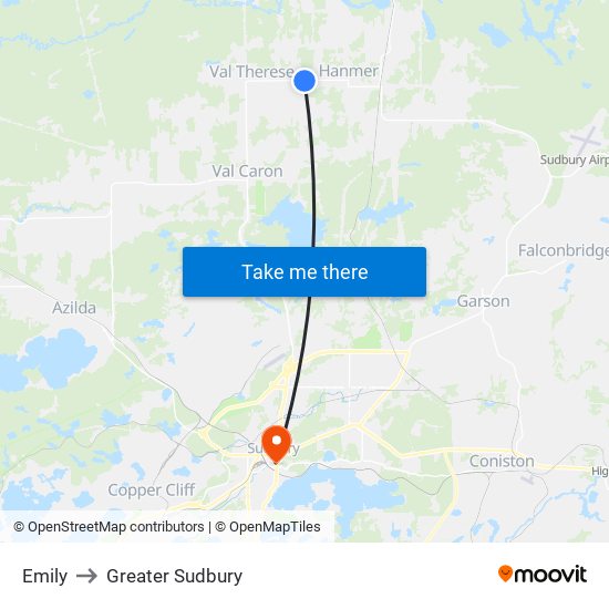 Emily to Greater Sudbury map