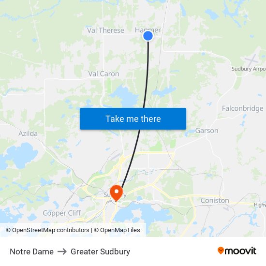 Notre Dame to Greater Sudbury map