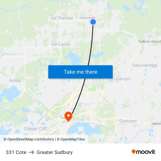 331 Cote to Greater Sudbury map