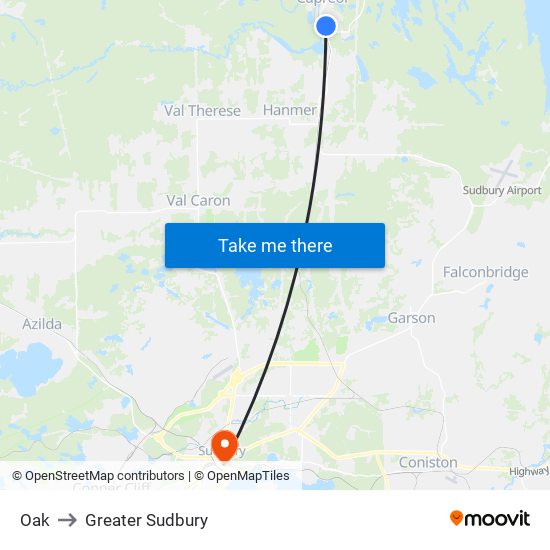 Oak to Greater Sudbury map