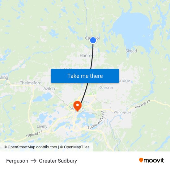 Ferguson to Greater Sudbury map