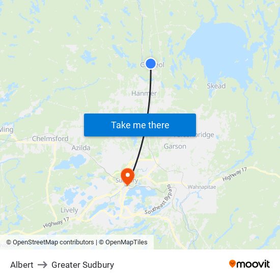 Albert to Greater Sudbury map