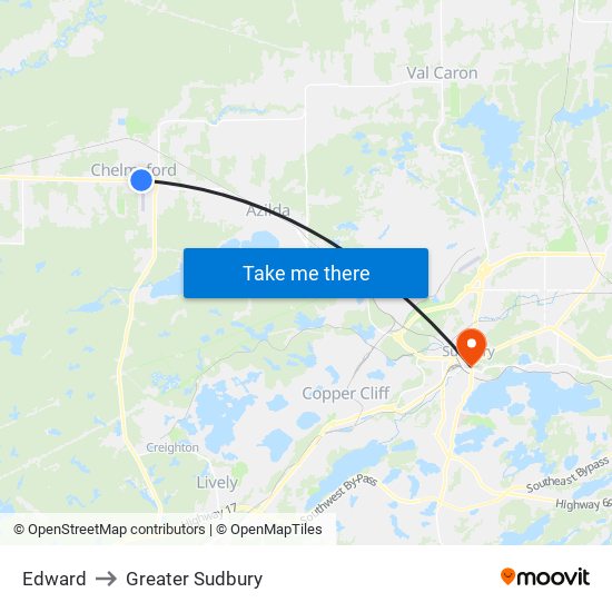 Edward to Greater Sudbury map