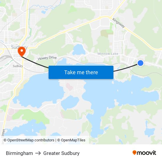 Birmingham to Greater Sudbury map