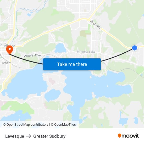 Levesque to Greater Sudbury map