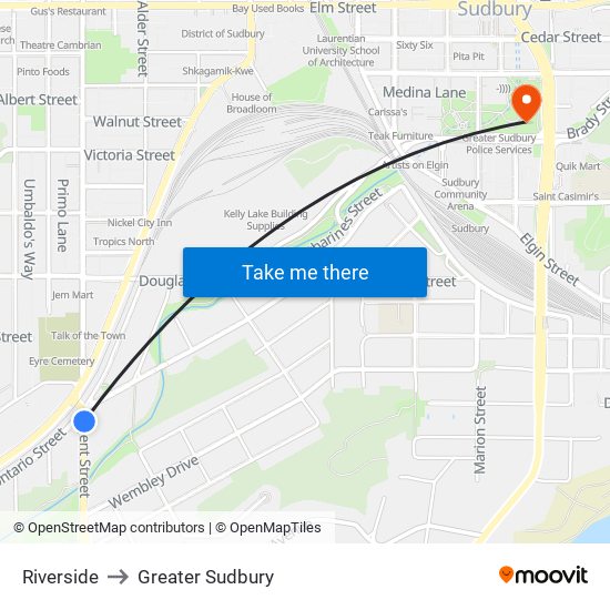 Riverside to Greater Sudbury map