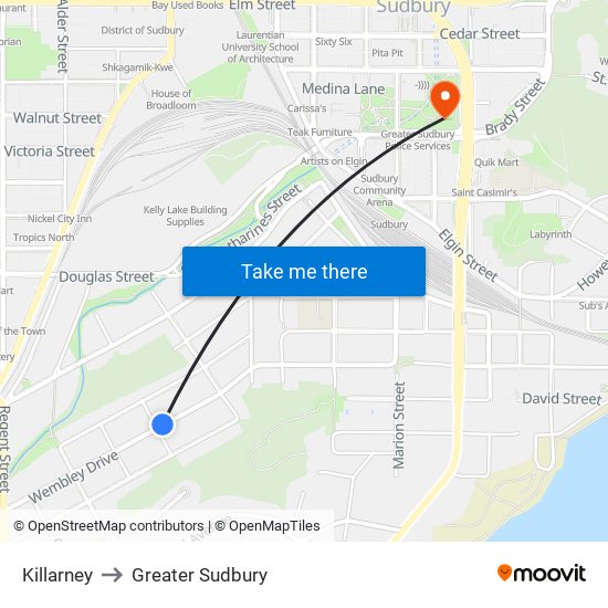 Killarney to Greater Sudbury map