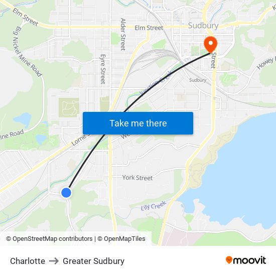 Charlotte to Greater Sudbury map