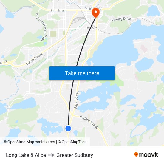 Long Lake & Alice to Greater Sudbury map