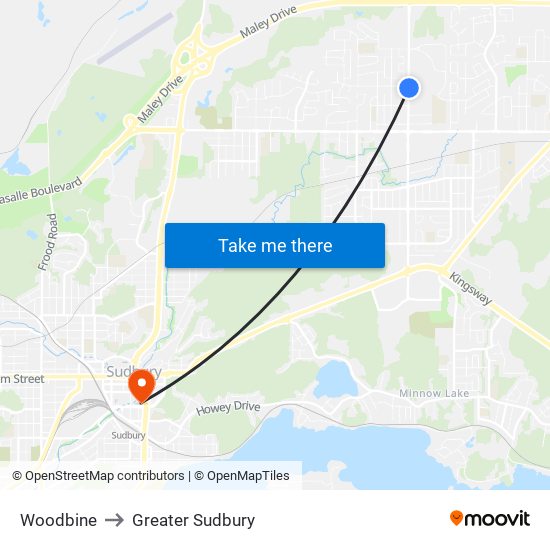 Woodbine to Greater Sudbury map