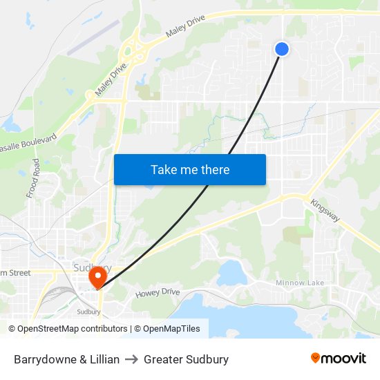 Barrydowne & Lillian to Greater Sudbury map