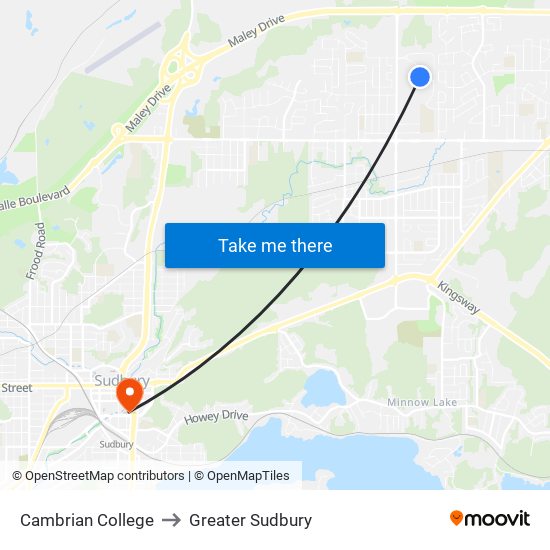 Cambrian College to Greater Sudbury map