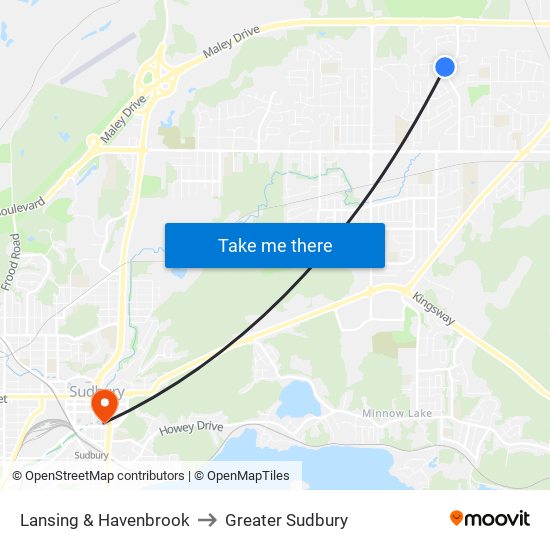 Lansing & Havenbrook to Greater Sudbury map