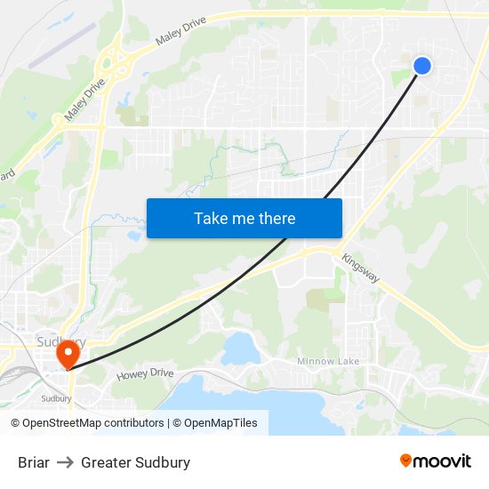 Briar to Greater Sudbury map