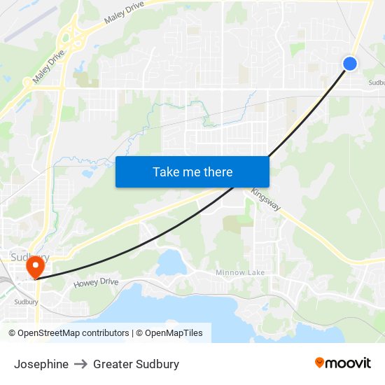 Josephine to Greater Sudbury map