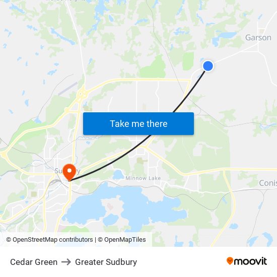 Cedar Green to Greater Sudbury map