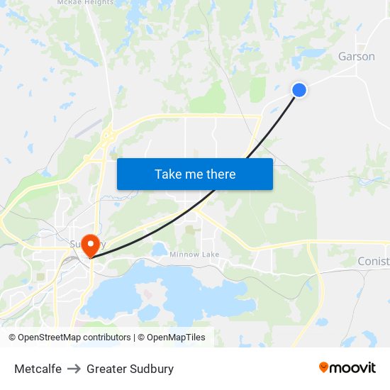 Metcalfe to Greater Sudbury map