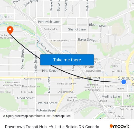 Downtown Transit Hub to Little Britain ON Canada map