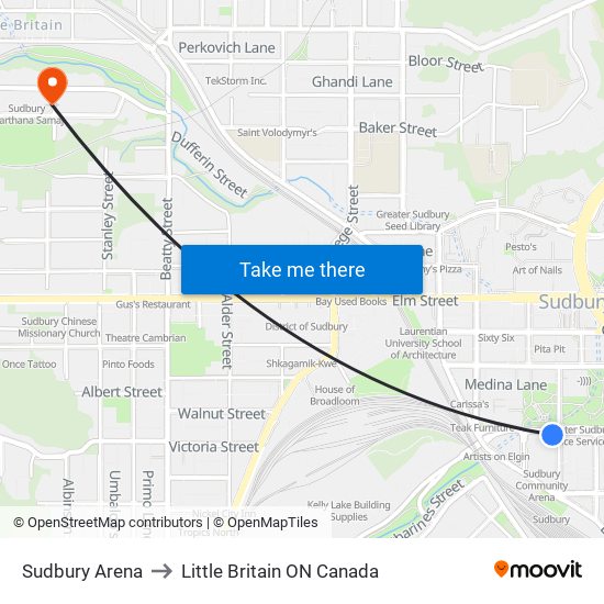 Sudbury Arena to Little Britain ON Canada map