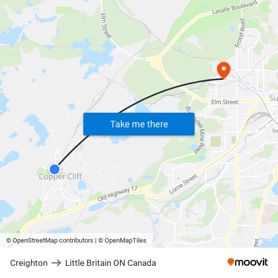 Creighton to Little Britain ON Canada map