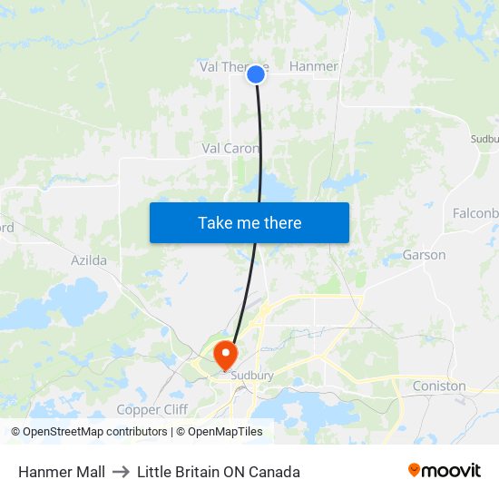 Hanmer Mall to Little Britain ON Canada map