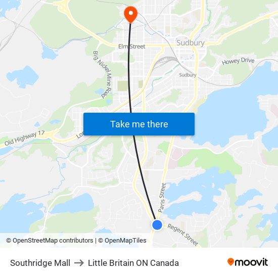 Southridge Mall to Little Britain ON Canada map