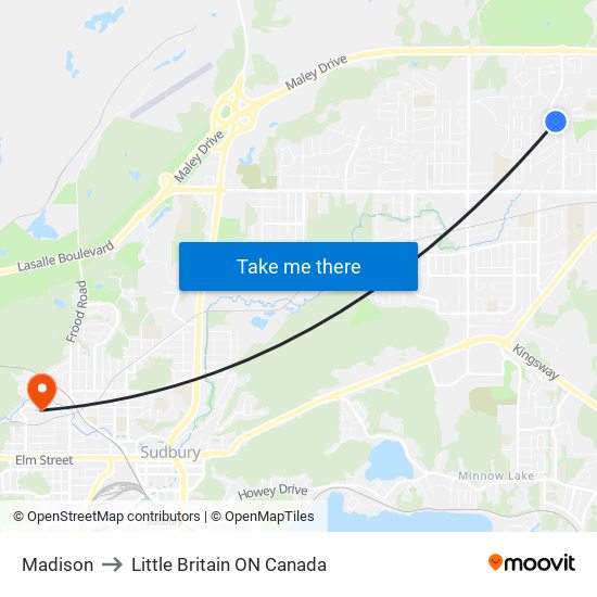 Madison to Little Britain ON Canada map