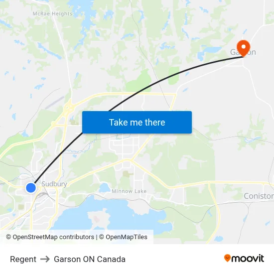Regent to Garson ON Canada map