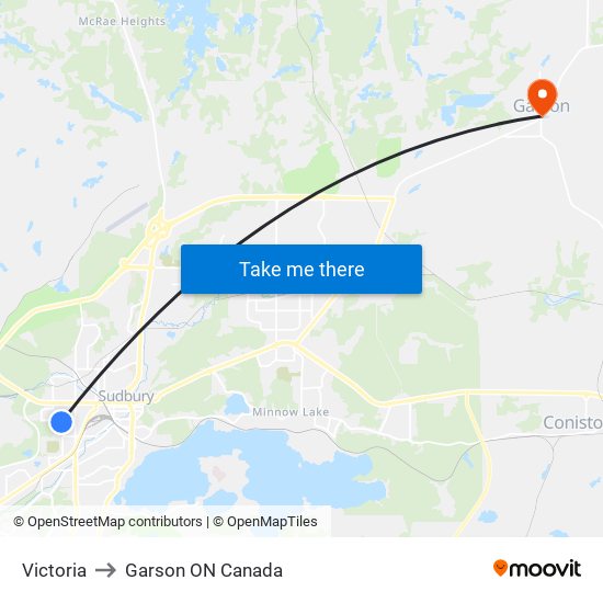 Victoria to Garson ON Canada map