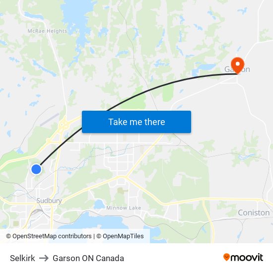 Selkirk to Garson ON Canada map